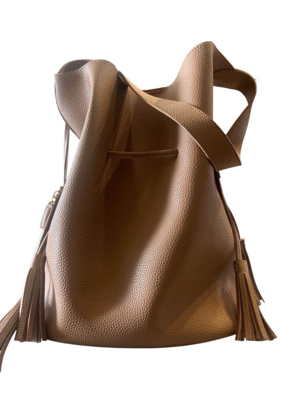 Anthropologie Drawstring Tan Pebbled Vegan Leather Bucket Bag with Tassels
